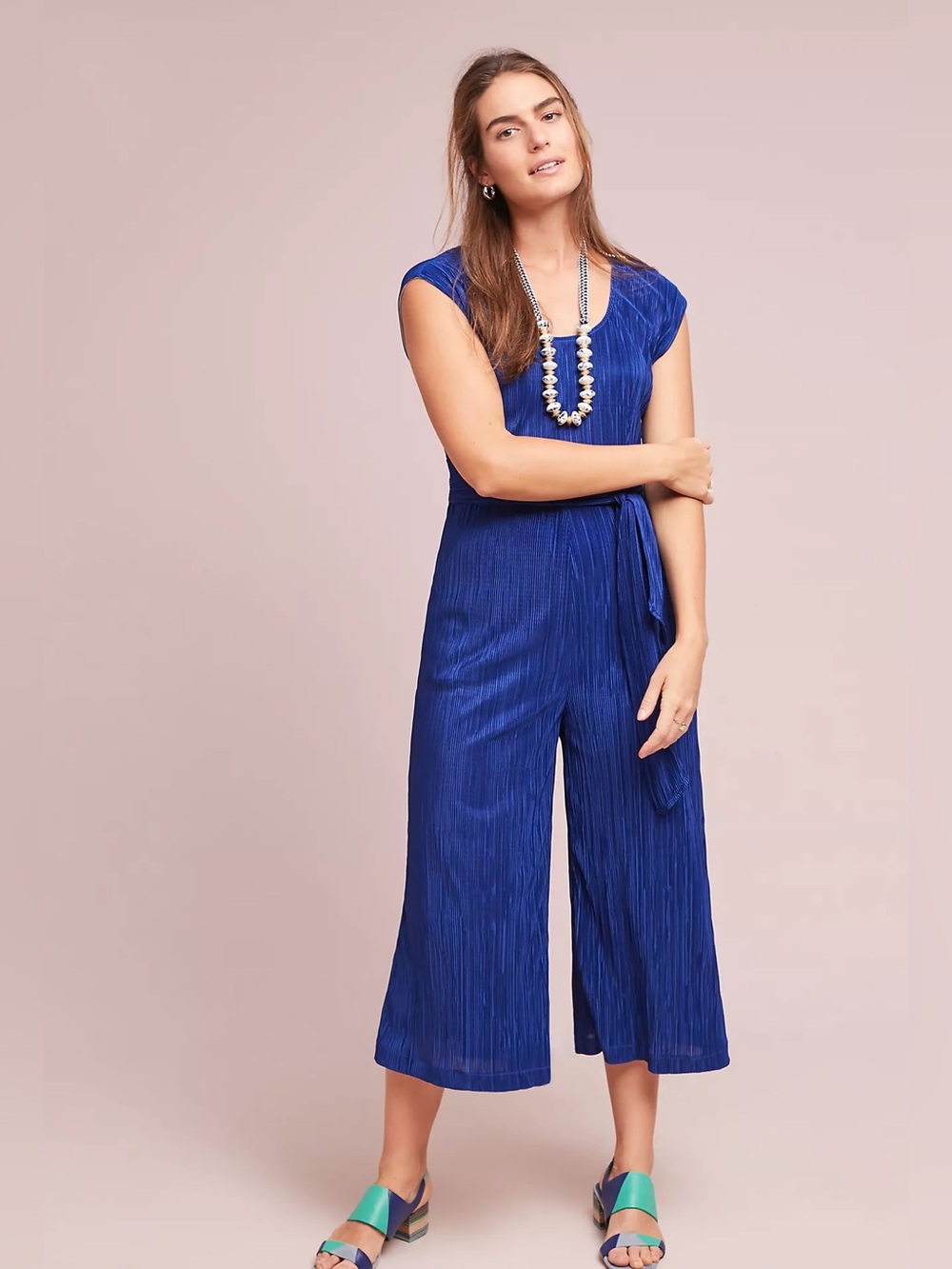 Maeve Anthropologie Sonata Blue Pleated Wide Leg Jumpsuit Size 8